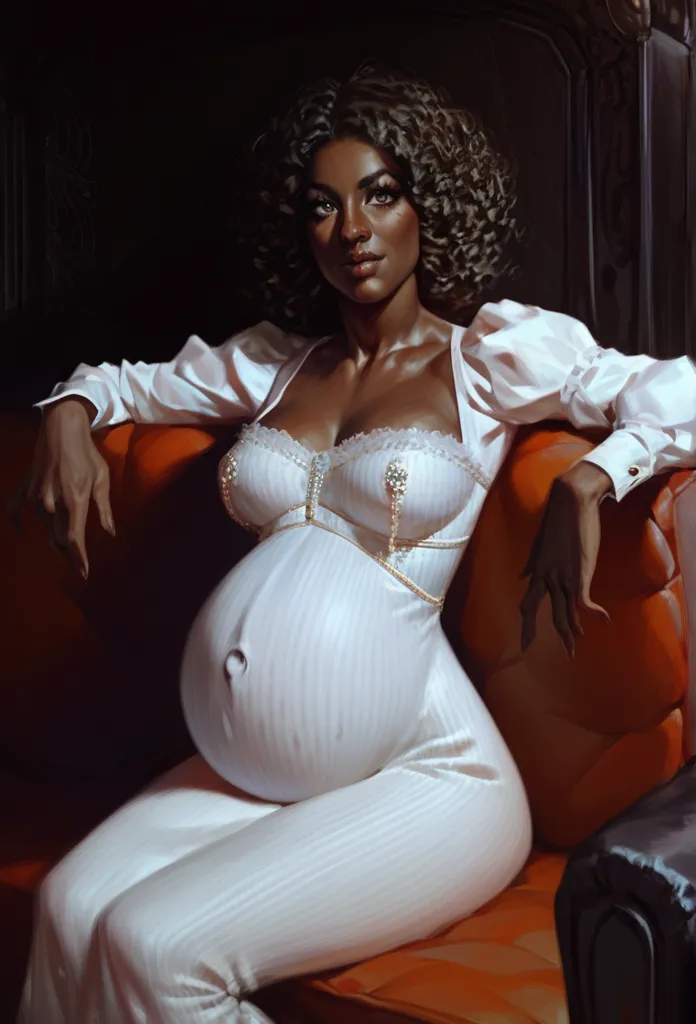 dark-skinned woman with curly hair. wearing a white dress. pregnant. sitting on the couch. sorrisinho.