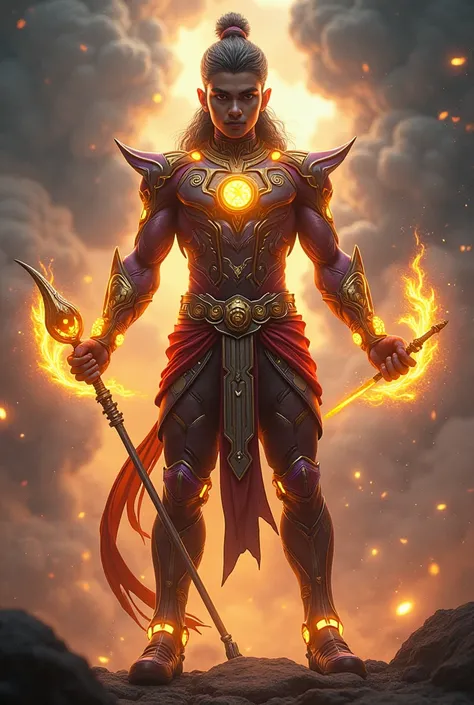 "Create a highly detailed and visually stunning concept art of a modern Indian under 25 young male handsome gorgeous fit superhero inspired by Lord Vishnu. The character is depicted as a powerful, futuristic deity with intricate, high-tech armor that combi...