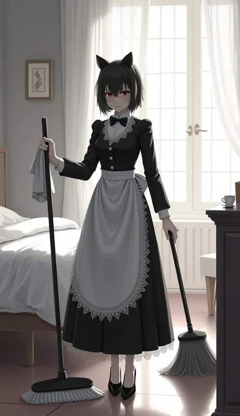  Female servant in black and white suit with lace apron , cat-faced with a cleaner and a mop and broom  en una recámara mucho detalle luminosa