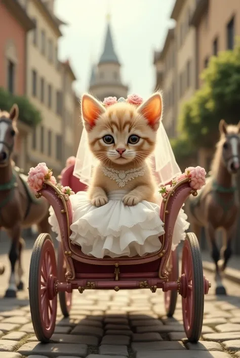 A kitten in a wedding dress is riding in a horse-drawn carriage