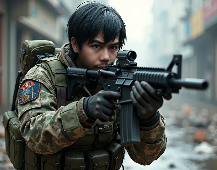 A white special operations soldier with black hair and blue eyes with a SCAR rifle in a combat position 