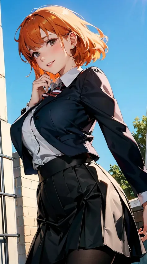 score_9, score_8_up, score_7_up, score_6_up, score_5_up, score_4_up, 1girl, from below, underboob, solo, huge breasts, smile, outdoors, orange hair, kugisaki nobara, school uniform, black jacket, long sleeves, black skirt, pantyhose