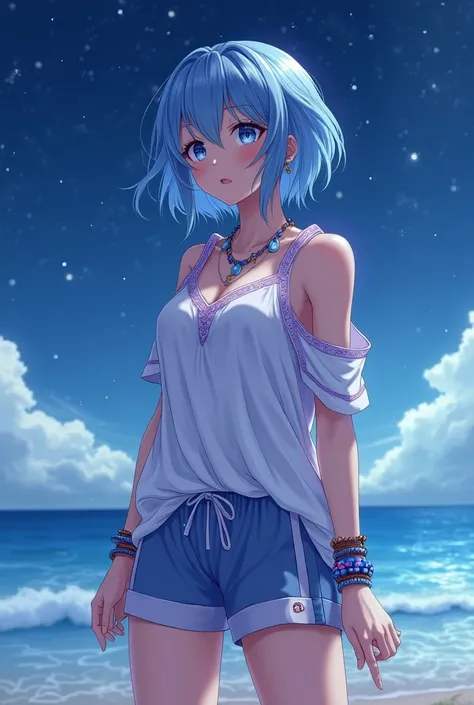 anime,  beautiful woman,  short hair color blue  ,  bright blue eyes , big bust, thick legs, beautiful body, many bracelets , earrings,  loose white clothing with lilac hippie-like details, tennis shorts color blue , Looking at the stars on the beach at ni...