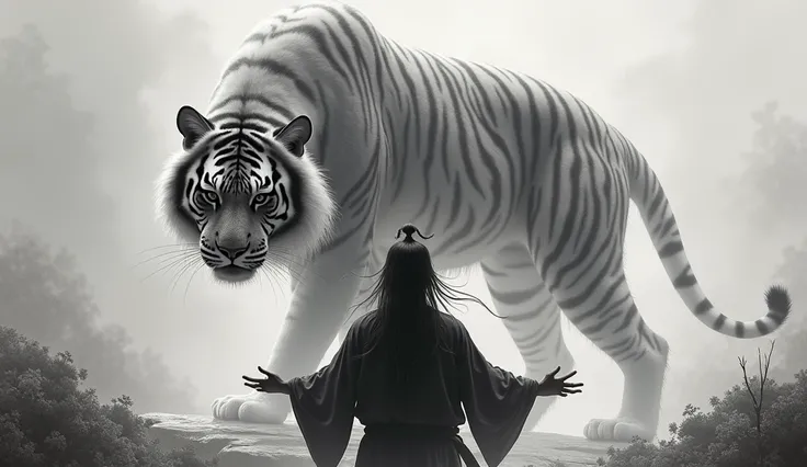 porcelain style，中景 the scene is，The Taoist samurai stood before a huge transparent tiger，Holding out your hands，long messy hair，shine effect，hyper-realistic，Ultra ultra realistic photo，Chinese black and white ink style，talk，Discoloration，stain，Inky，8k，，Hig...