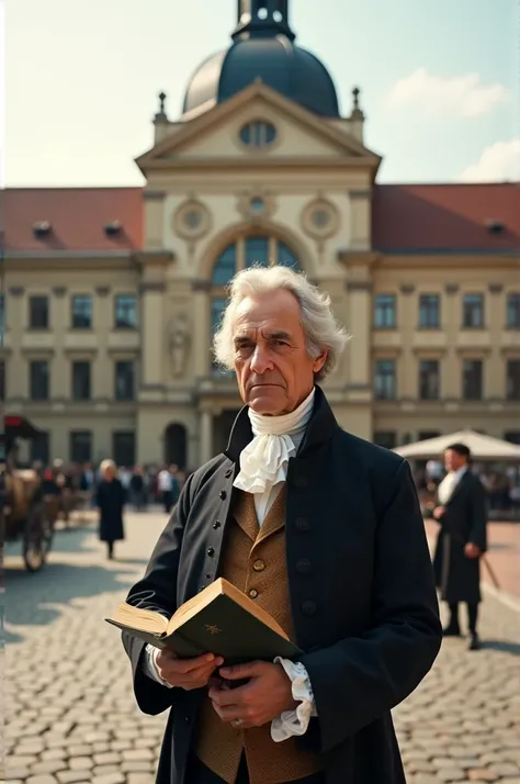 Take a picture of Adam Smith holding his book, The Economy of Nations. Adam smith is standing in the picture in Eger, on Eszterházy tér in front of the Lyceum.