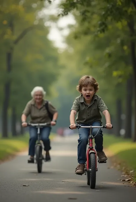 I need a background for a YouTube ,  so he generates an image where a frightened boy appears riding a small bicycle,  in front of the boy he places an elderly woman, With the intention of running over her , I need the image to be horizontal and to be in th...