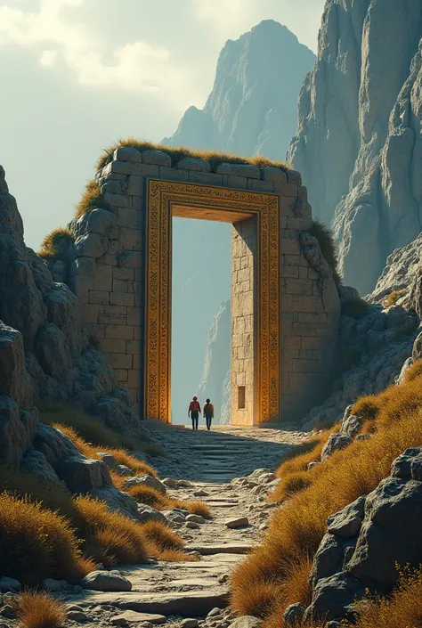 A golden ancient and strange portal adorned on the slope of an ancient mountain, with a pair of people standing around it, and what appears to be a research camp installed.
(best quality,4k,8k,highres,masterpiece:1.2),ultra-detailed,(realistic,photorealist...