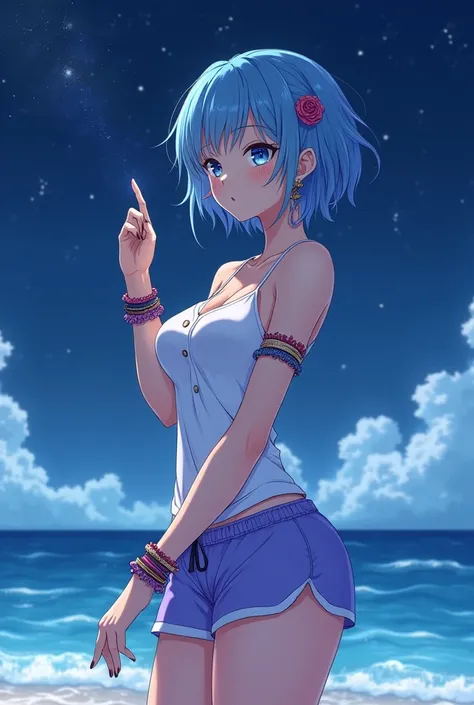 anime,  beautiful woman,  short hair color blue  ,  bright blue eyes , big bust, thick legs, beautiful body, many bracelets , earrings, white clothing with lilac hippie-like details, tennis shorts color blue , Looking at the stars on the beach at night.