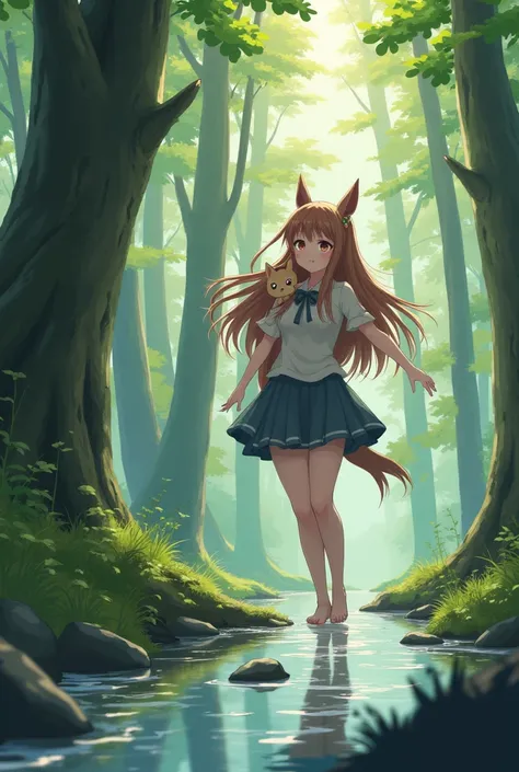 Beautiful mature girl with a small cute animal on their shoulder in a forest with large trees. Feet kicking water in a stream. Smile, Very Long Hair, High Resolution, Masterpiece, Animal Ears, From Below, Anime, Accurate, Super Detailed, 