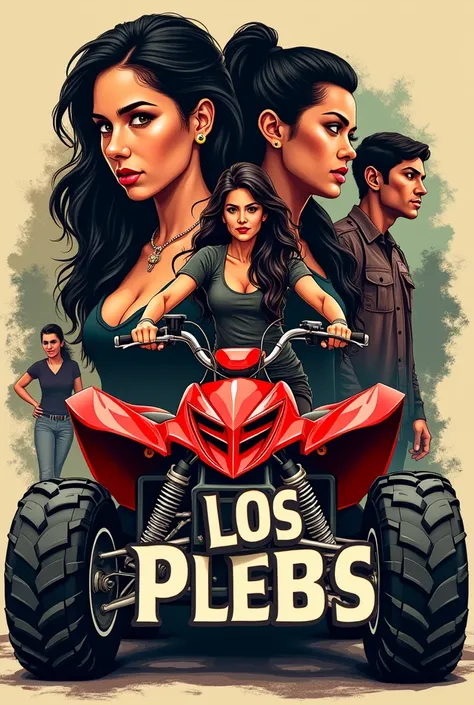  A logo that says Los Plebes and a red quad bike in the background with a motena woman, a war woman and a man  