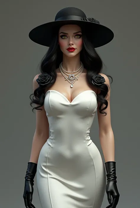  A three-meter-tall woman , very sexy, with a long dress, white and simple ,  with black gloves ,  crimson lips,  A wide-brimmed black hat ,  crimson lips, light yellow eyes ,  a pearl necklace with a sophisticated logo,  three black roses on the shoulder ...