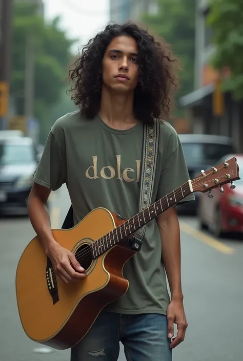 Cinematic realistic , 20-year-old indonesian man , long curls ,wearing a t-shirt with writing "doleb " man wearing torn jeans, berdiri in pinnggiran street,face facing forward, holding an old guitar ,UHD,hyper realistic,ultra detail, super image quality ,1...