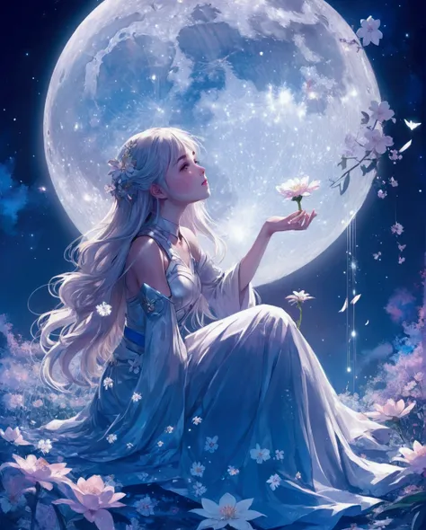 anime girl sitting on a flower covered ground with a full moon, fantasy art, space art, by Ross Tran, anime beautiful peace scene, cgsociety 9, anime fantasy artwork, beautiful anime portrait, pinterest anime