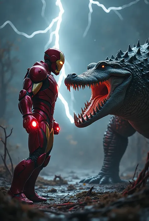 "A dramatic scene where Iron Man, with his suit glowing and energy pulsing in anger, is facing off against a large, furious crocodile with sharp teeth and a menacing stance. Both are positioned in an intense standoff, their expressions fierce and filled wi...