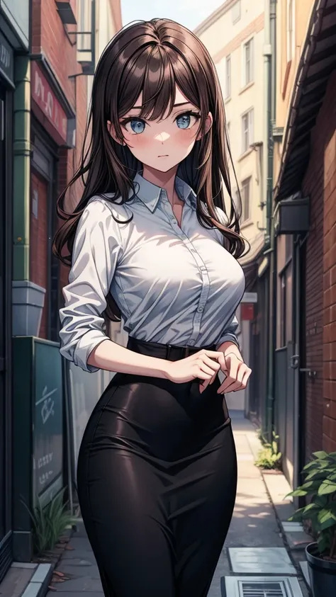 ((masterpiece, best quality:1.8, high detail)), beautiful business woman, looking at viewer, solo focus, long hair, (dark brown hair), (white collar shirt), (black midi pencil skirt), slim body, wide hips, (lower body), city, alleyway, 