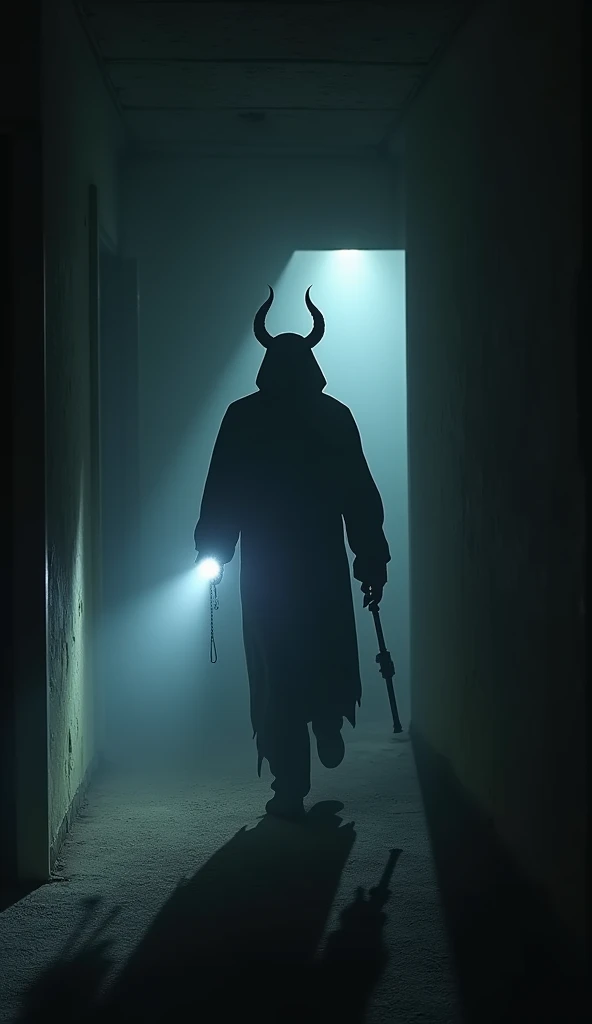 The devils figure was illuminated by the light from a flashlight he was holding as he walked, illuminating the dark room, the flashlight illuminated it