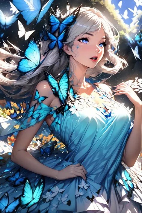 (highest quality:1.2, Very detailed, Latest, Vibrant, digital coloring, High Contrast, masterpiece:1.2, highest quality, Best aesthetics, spirit of the wind), 1 female, Silver Hair, Side Ponytail、(((Blue butterfly hair ornament, Blue Butterfly Dress:1.2)))...