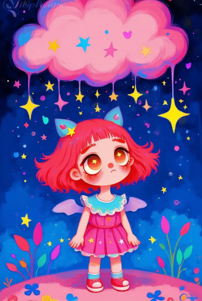 a cute  with red hair stands under the pink cloud, which is raining stars on her head. the background of the starry sky has colo...