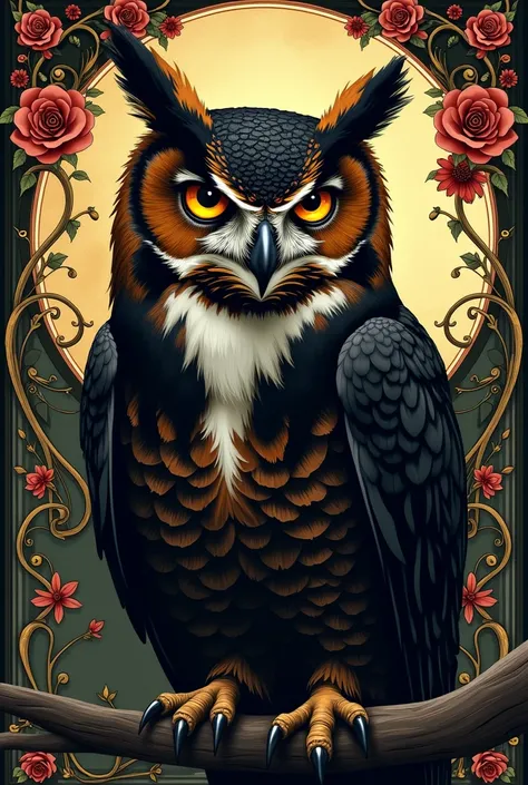 Dark owl with art nouveau style details related to writing