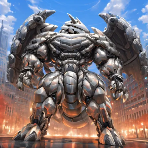 (giant mechanical aggron rampage through a city, crushing buildings beneath their unstoppable metal frames), (official art, 
bes...