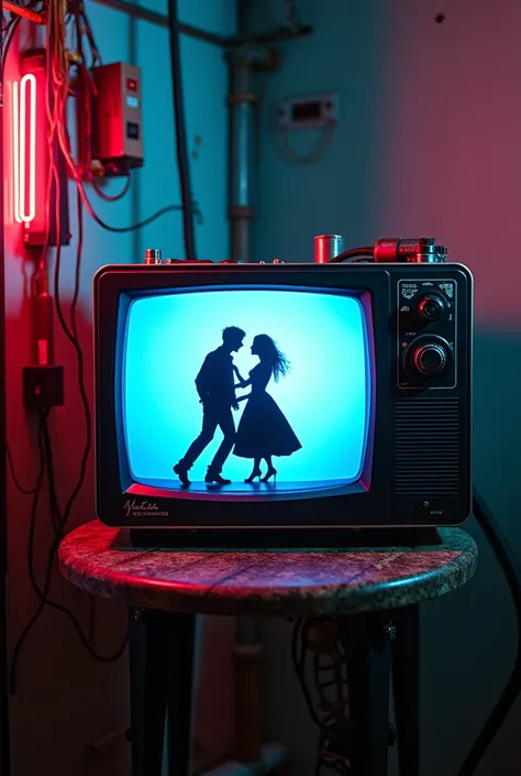 Create an image featuring an old video tape, with a dystopian futuristic background filled with wires and machines. Make the image very colorful. Include a television displaying a shadow image of a couple dancing, similar to the cover of the album Neon Bal...