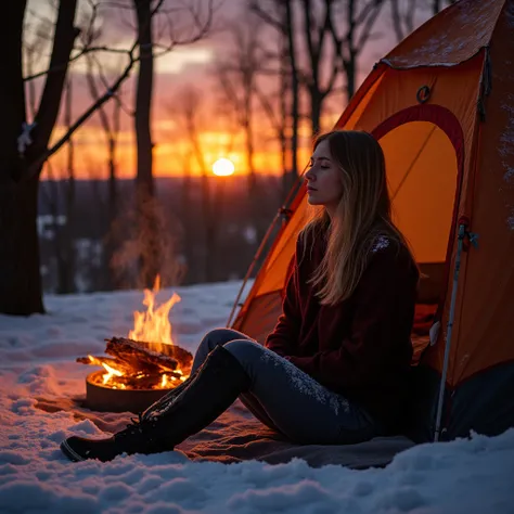 A professional outdoor photography of a beautiful young blond woman camping the wood; she sitting outside of her  tent; small campfire; winter season; cozy atmosphere; sunset; sunset light; back lighting;