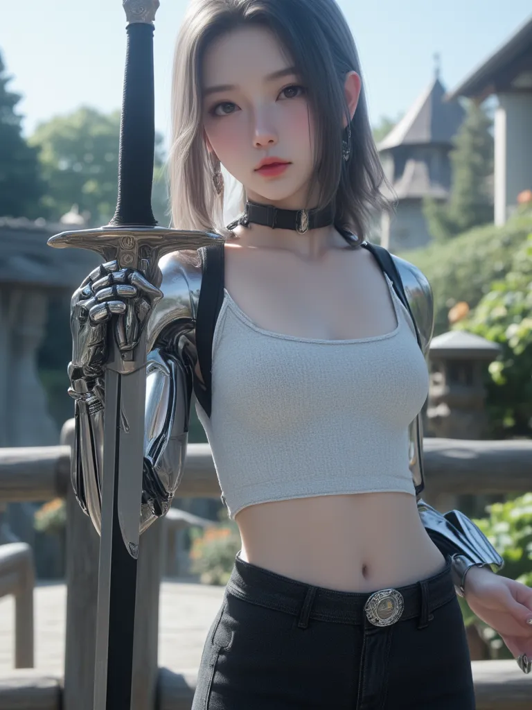 high definition photography, beautiful face young japaness, beautiful chests, pale skin, cybernetic left eye, robotic arm, silve...