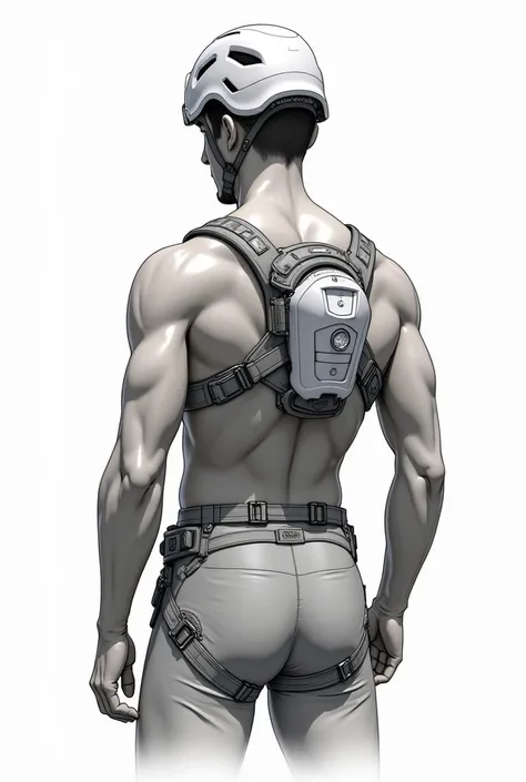 Futuristic rear-rock climbers safe harness sketch, back safeguard Shoulder to Waist  length and cage, and central back small size safe guard sketch by Copic markers like product design  drawing, isometric look 