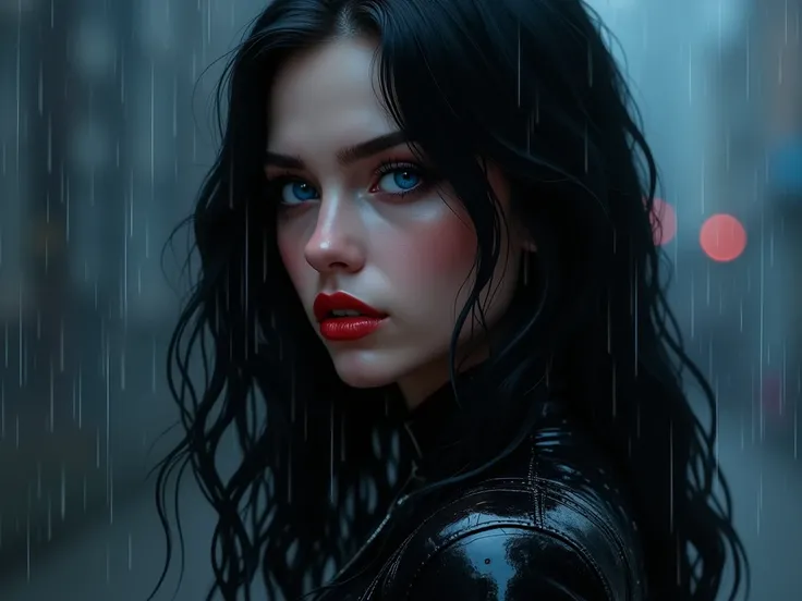  realistic illustrated image ,mujer beautiful joven disparando bajo la lluvia de noche, long jet-black hair , deep dark sapphire blue eyes ,white tea, full red lips , beautiful and perfect face ,Beauty Faith Maxima ,la mujer más beautiful del mundo,24 year...