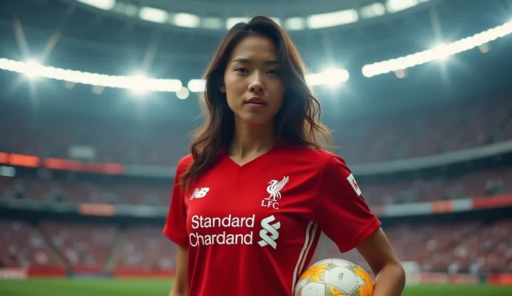 A young thai woman 20 years old standing in a stadium holding a soccer ball close to her hip. She has long, wavy hair and is wearing a bright red Liverpool FC jersey with the club logo and sponsor displayed prominently on the chest. The background shows a ...