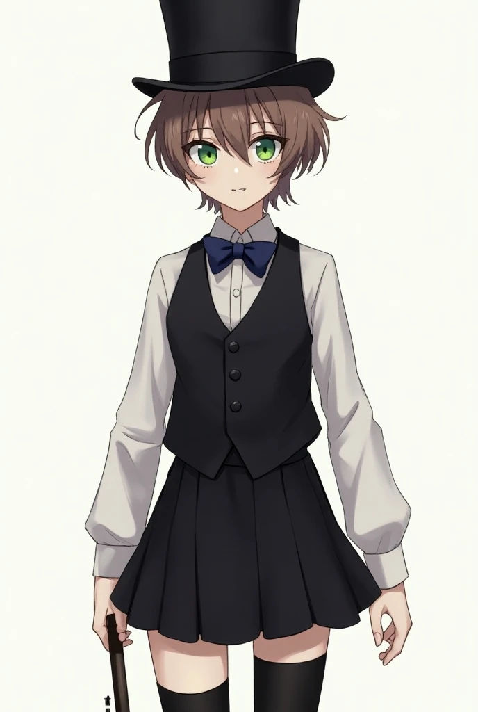 (Anime) A young looking 25-year old Male, with short brown hair and green eyes. Wears a black top hat, a white long-sleeved collared shirt, a black vest, a dark blue bowtie, a black skirt, black thigh-high socks and black boots. His right eye had a black b...