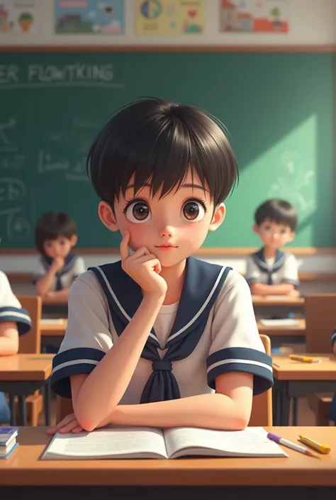 Short hair student in a classroom 
