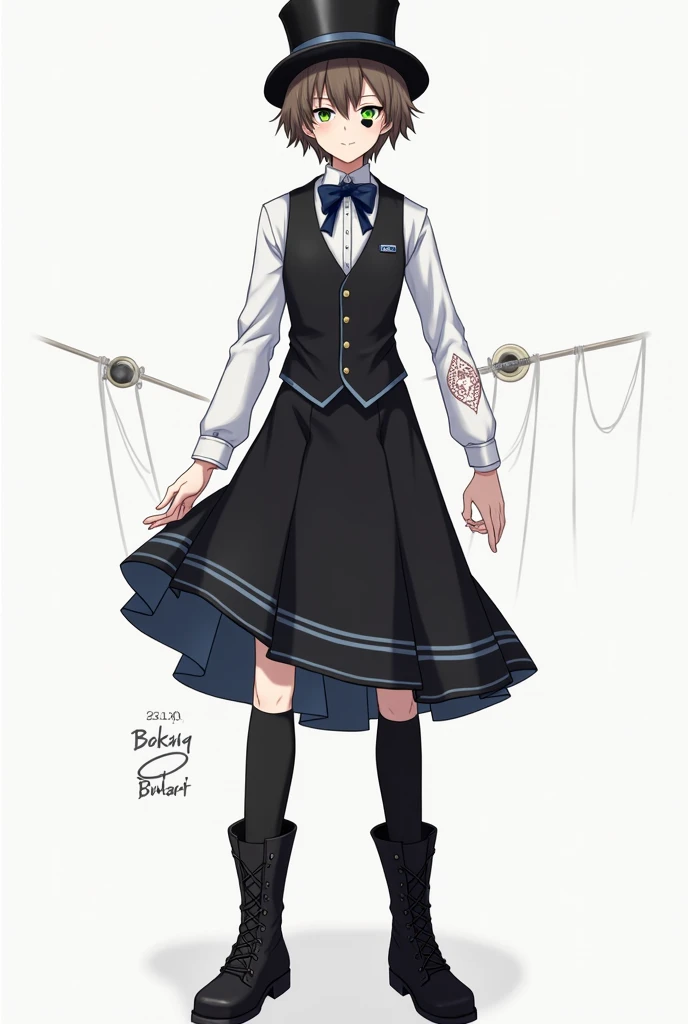 (Anime) A young looking 25-year old Male, with short brown hair and green eyes. Wears a black top hat, a white long-sleeved collared shirt, a black vest, a dark blue bowtie, a black skirt, black thigh-high socks and black boots. His right eye had a black b...