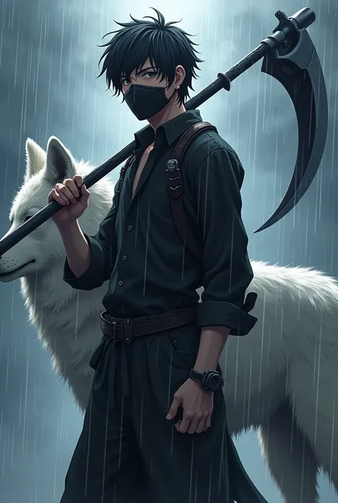  Anime themed ,lelaki,cool haired, black shirt ,membawa sabit panjang , behind there is a white wolf,its raining , wears a headset on his shoulder,wearing a mask  