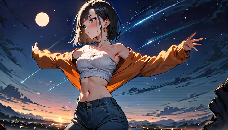 (masterpiece, best quality:1.2),1girl, (solo), Android 18 from Dragon Ball, ((open-chest sweater, baggy pants)), medium breasts, blunt bangs, black short hair, black eyes, earrings on earlobes, slim, slender feminine figure, skinny body, blush, magnificent...