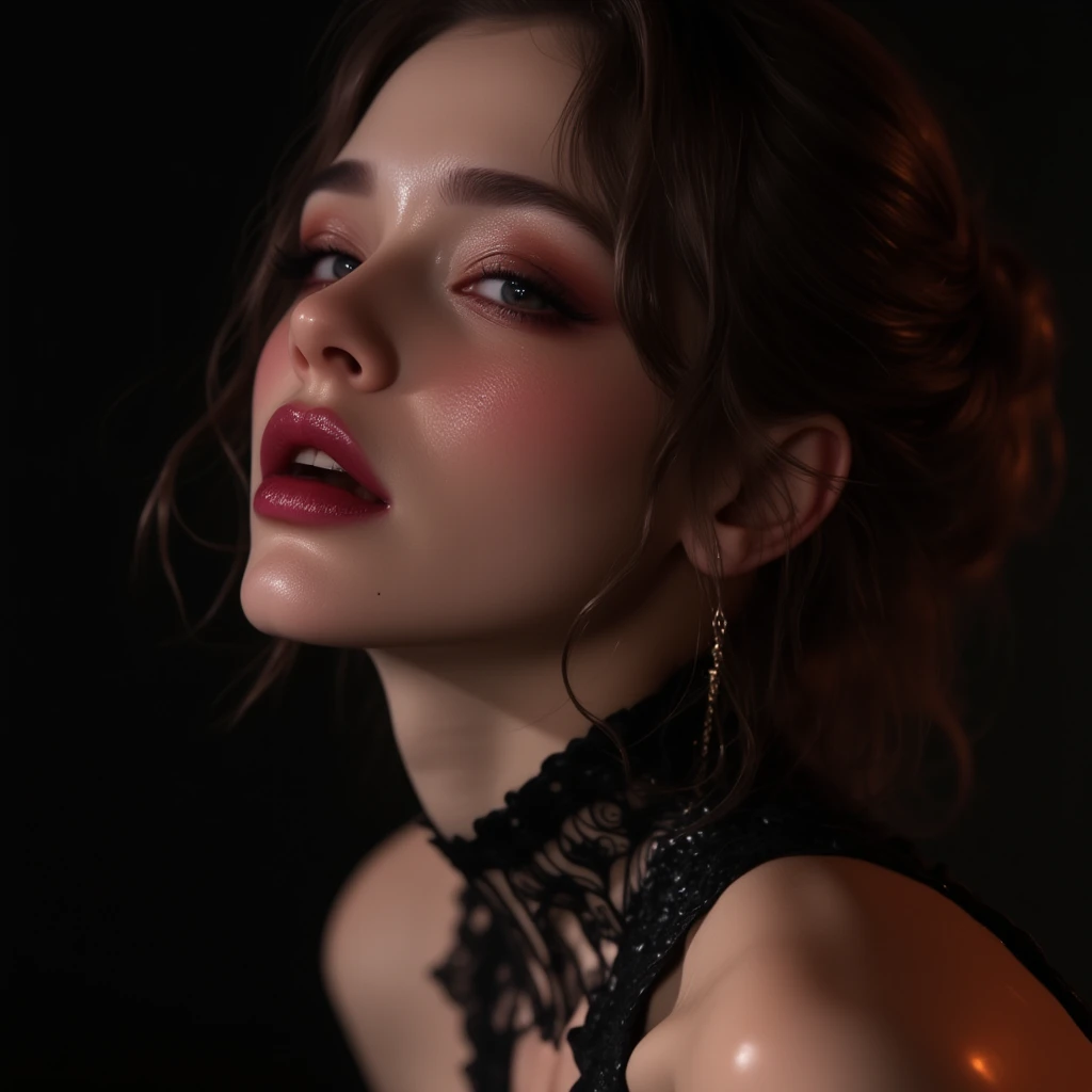 (((Completely naked)))、  charming, desire, Obscene,  Mature Woman,  Captivating body lines  , ((     fine facial features     ,    open your mouth, eroticism)),    dramatic lighting   , Realistic, 8k,    Cinematic Composition ,  dark moody vibe   ,    Dram...