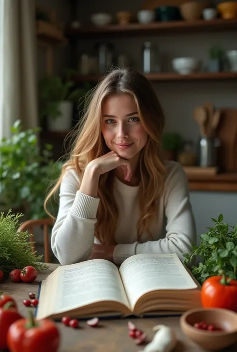 Take a picture of a beautiful woman between 25 and 30 years old with an open book cooking recipes, fitinis and various ingredients scattered on the table.