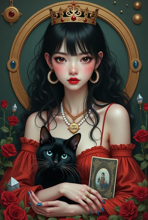 A 20-year-old real woman black hair almond brown eyes red mouth oval face a cat Seanes blue eyes necklace written luma
She has rings, a large hoop earring, she has a pearl necklace and a tarot card on the table, inserts, crystals and mirrors and roses, she...