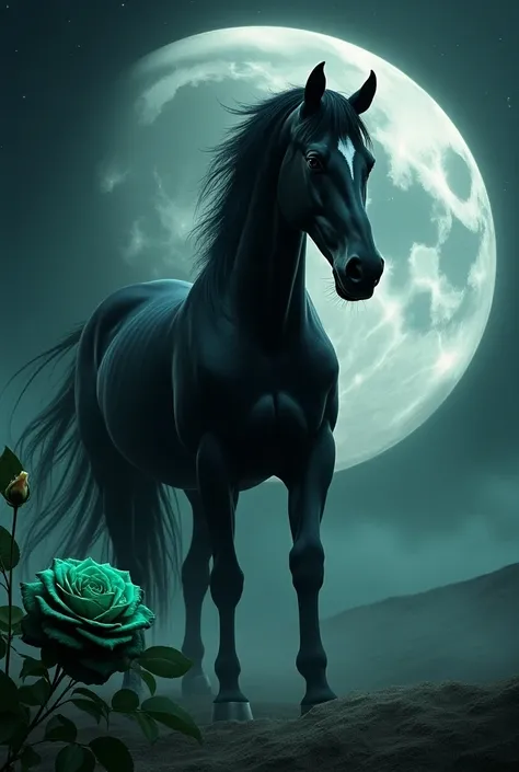 Black a horse on moon  with gren rose