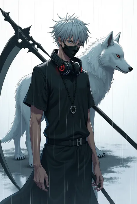  Anime themed ,lelaki,cool haired, black shirt ,membawa sabit panjang , behind there is a white wolf,its raining , wears a headset on his shoulder,wear a cool mask