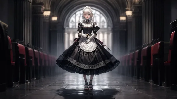 woman,  Stand up straight and symmetrically, length_hair, Messy_hair, white_hair, Maid in Armor , Metal Sandals