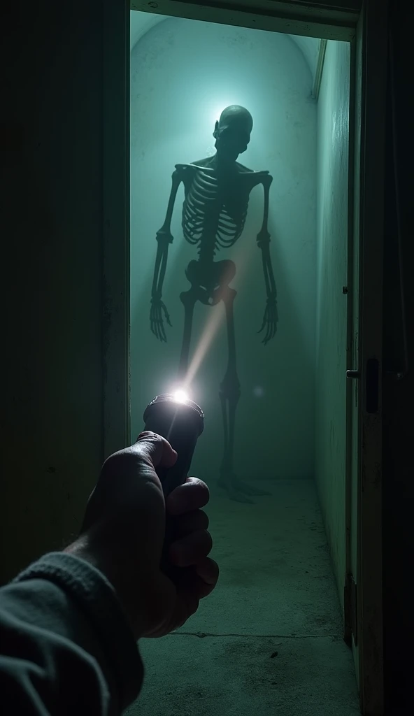 realistic photo,  a hand grasping a walking flashlight took out its darkness a haunted room ,  the bright light from its flashlight caught the figure of a monstrous mutant demon and repulsed body half the skeleton walked through crippling, spotlight of fla...