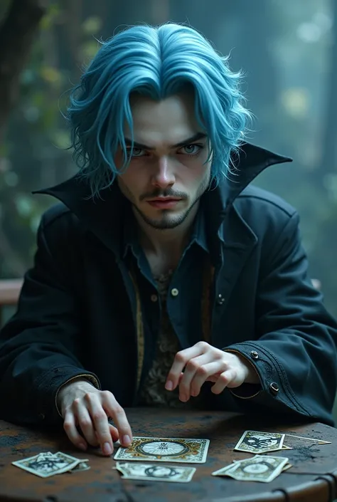  style Young male witch with shoulder-length light blue hair wearing clear lenses has pale skin and little beard, Hes dressed like a vampire reading the tarot 
The image should be Tim Burton and Funko Pop  