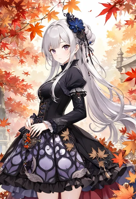 (((nsfw))), (((   my butt sticks out of fallen leaves    )))  ,(((watercolor)))、(((   dog style   ))),  (((gothic ))), she was adorned with hair accessories、, Straight silver hair ..Super mini skirt with frills, sheの表情は自然だ,    calm expression   . she is we...