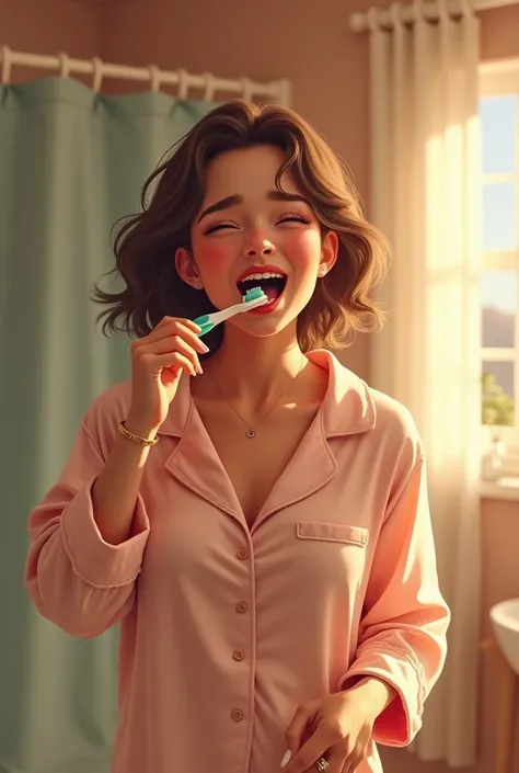 Singing woman dressed in her pajamas while brushing teeth