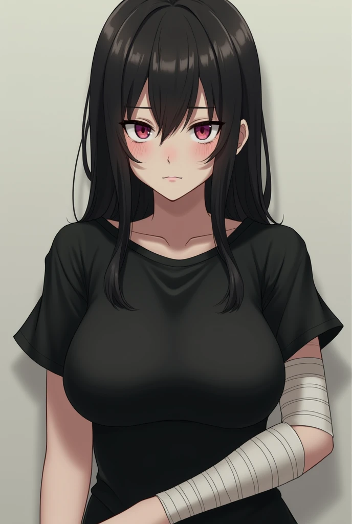  Hairy girl cut up to her shoulders in black with a black shirt she would have big breasts and on her arm they have a bandage that covers her anime style she has a shy character 