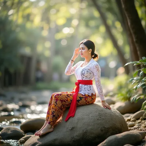 Young Indonesian woman wearing a traditional kebaya is sitting pensively on a large rock by the river in the middle of a dense tropical forest with sunlight penetrating the leaves diagonally, facing to the side in a dynamic composition