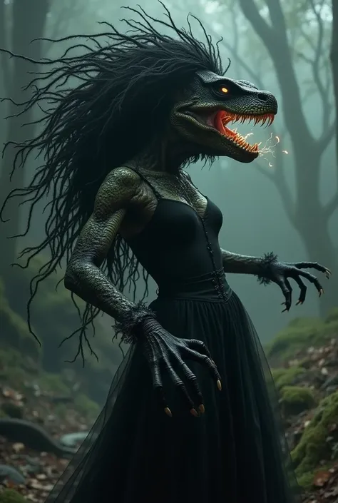 Bellatrix Lestrange from Harry Potter merging with a lizard 