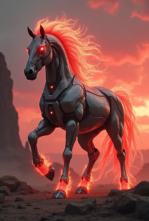 Create a hybrid creature combining features of a sleek, metallic Iron Man suit and a muscular, wild horse. The entity should have a monstrous, dangerous appearance, with glowing red eyes, sharp metallic hooves, and a body that seamlessly blends organic hor...