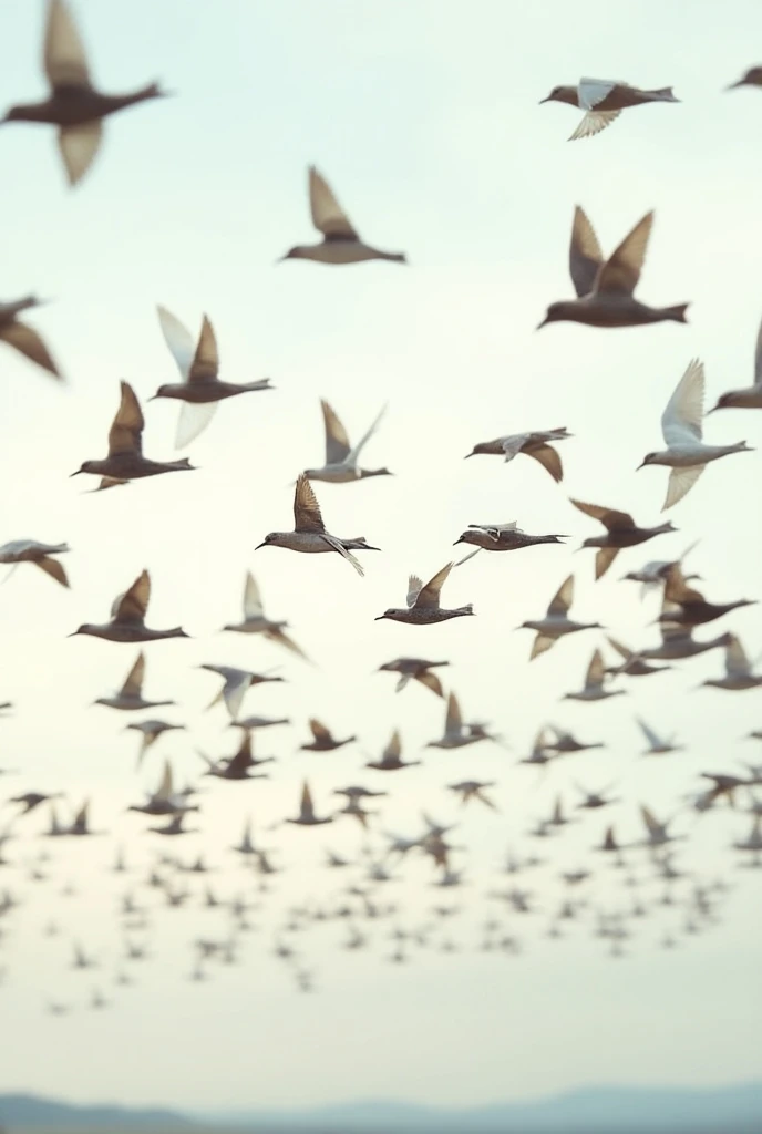 Several birds were flying in the air heading in one direction.

 Describe the situation in a close-up worms-eye view with an emphasis on shape, color and space.

Closer pls